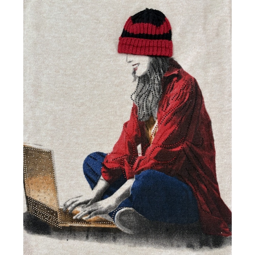 Ness Light Oatmeal Knit 3D knit appliqué Beanie Denim Shirt Collar Large Sweater - Picture 2 of 13